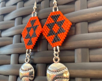 Handmade Orange Black Brickstitch Geometric Baseball Softball Dangle Earrings – Handmade Native American Indian Beaded Jewelry
