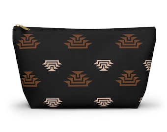 Svartbrun, tribal design, necessär med sminkpärlor, flätad korg, resestorlek, tillbehörspåse med dragkedja och T-botten
