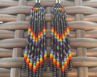 Handmade Rainbow Brickstitch Fringe Dangle Earrings – Pride Month Beaded Jewelry