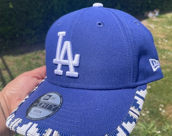 Beaded LA Baseball Cap Dodger Blue Brim Native American Beadwork Indigenous Geometric Adjustable Headwear Southern CA Custom Sports Fan Gear