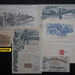 4 carteles publicitarios originales vintage y 2 tarjetas de presentación con hermosa tipografía victoriana