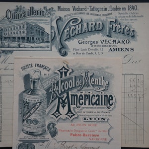 2 bellissime billhead vintage 1900 alcool de Menthe Americane dalla Francia