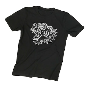 Traditional Tiger Stipple Design Mens T Shirt printed in an Eco-Friendly Water Based Ink