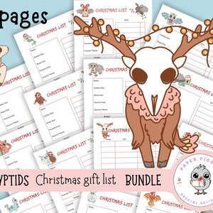Op de afbeelding: Een bundel van 15 pagina's met kerstcadeaulijsten met een cryptiden-thema. Elke pagina heeft secties voor naam, kledingmaat, schoenmaat, favoriete kleur en thema. De bundel bevat een cartoon rendier en andere cryptiden illustraties.