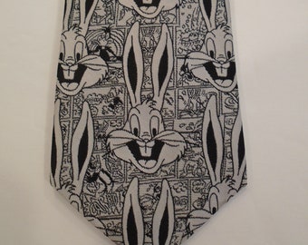 Warner Brothers Bugs Bunny Neck Tie Polyester Silk Blend Vintage Looney Tunes Black White Novelty Neckties Gag Gift