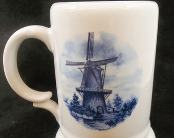Delft Holland 1984 Ter Steege BV Blauw Porcelain Mug Stein Hand Decorated Windmill Blue White Dutch