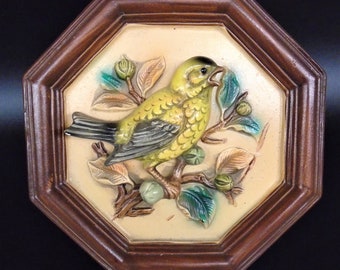 NAPCO 3D Wall Plaque Gold Finch  C-8522 Vintage GoldFinch Made in Japan Kitsch Octagon Shaped Vintage Wall Plate