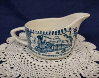 Currier and Ives Blue Creamer 8 oz Steam Engine Train Scene by Royal China USA White Blue Scrolls  Backstamp Ironstone Disc