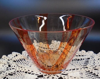 Sasaki Crystal Orange Swirl Bowl Redondo Art Glass Poland Heavy Crystal Handcrafted Clear Crystal Accented in Orange Swirl Free Form Style