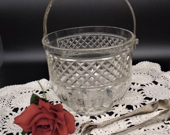 Vintage Cut Starburst Glass Ice Champagne Bucket Silverplate Handle Ice Tongs Wine Chiller Wedding Party