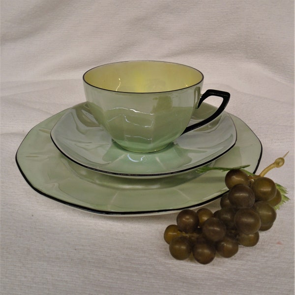 Victoria China Lusterware Czecho-Slovakia Green Trio Set Cup Saucer Salad Desert Plate 7.5"  Black Trim Ring Discontinued