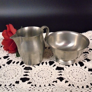 International Pewter Creamer Open Sugar Bowl Colonial Rustic Country French Style 1960&#39;s Polished Pewter