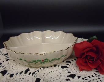 Lenox Holiday Relish Dish 3-Part Divided 8" Bowl Holly Berry Gold Trim Rim Design Out Marked Made in USA 1970s - current Christmas Holidays