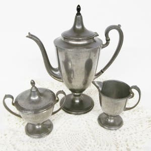 Pewter Tea Service Set K S & Company Art Decco Style 1960&#39;s Knickerbocker Silver Co USA New York Teapot Coffee Creamer Sugar