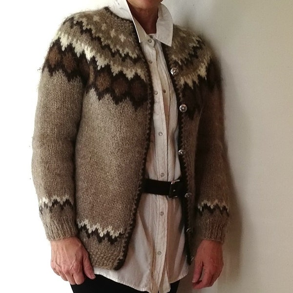 Vintage Wool Sweater / Womens Size Medium / Button Up Sweater / 100% Wool / Brown Sweater / Aztec Print