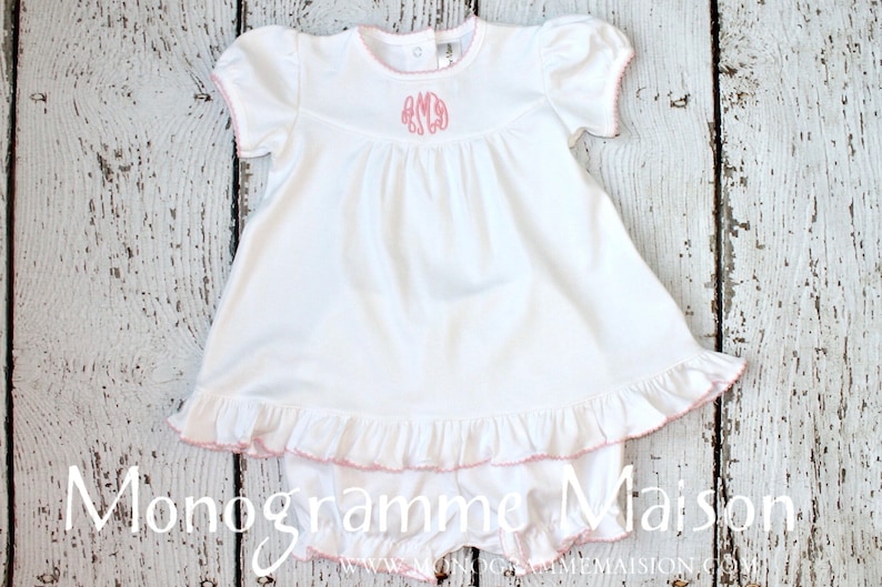 Baby Girl Gift Girls Spring Monogrammed Dress Ruffles Baby Girl Dress Baby Shower Gift Baby Girl Outfit Bloomers Pima Cotton