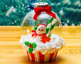Handcrafted Faux Holiday Snowman Ornament Cupcake/Decorative Cupcake Box