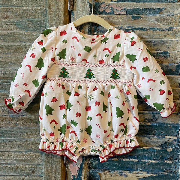 Christmas Tree Hand Smocked Diaper Set
