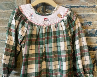Girls Smocked Santa Milk and Cookies Christmas Holiday Green Plaid Bishop Dress