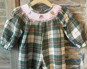 Baby Christmas Smocked Santa Milk and Cookies Green Plaid Long Romper