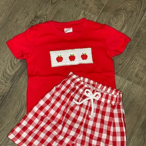 Boy&#39;s Smocked Apples/Teacher/School Time Tshirt w/ Red Drawstring Checkered Shorts/Outfit