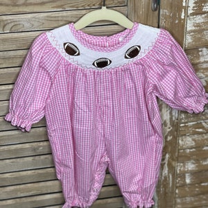 Baby Girls Pink Smocked Football Romper w/ Quarter Sleeves