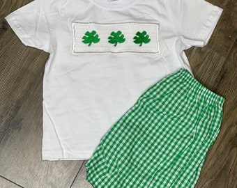 Boy's Smocked St. Patrick's Day Tshirt w/ Green Checkered Shorts/Outfit