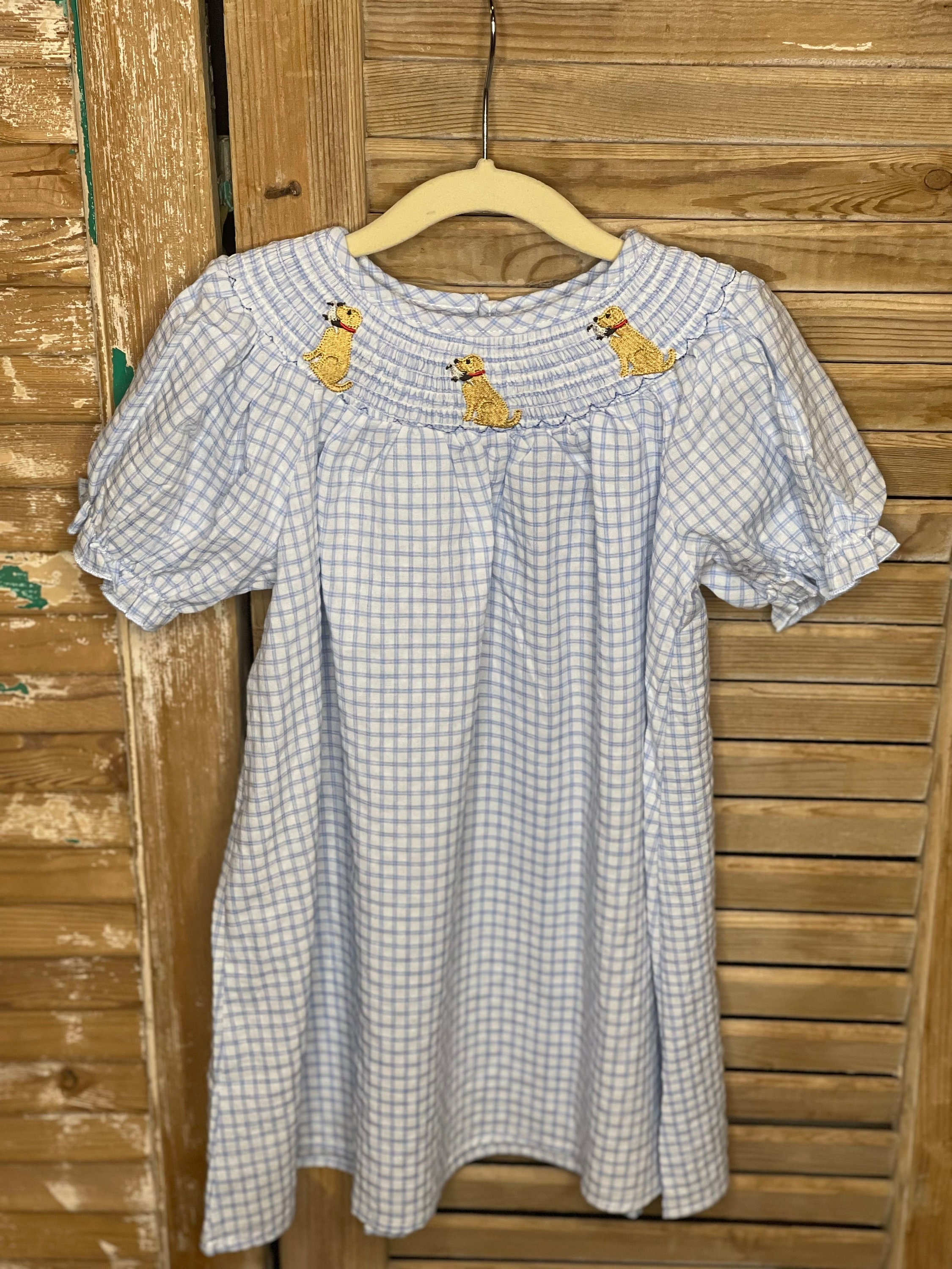 Girls Blue and White Hunting Dog w/ Quail/Dove/Pheasant Bishop Dress w/ Ruffle Sleeves