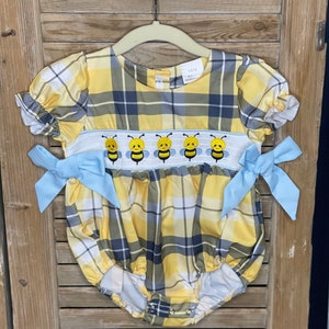 Baby Girl Bumble Bee w/ Blue Bows Yellow Romper w/ Ruffle Short Sleeve