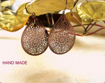 Deep Bronze Dangle Lace Filigree Earrings-Tear Drop Earrings -Gift For Her Hand Made - Jewelry - Earrings - Hypo Allergenic - Drop Earrings