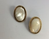 Vintage Post Earrings Gold Toned Oval With Mother Of Pearl Used