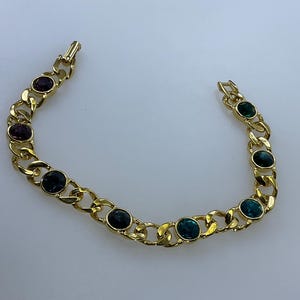 Vintage 7.5” Bracelet Gold Toned Chain With Purple Blue Green Rhinestones Used