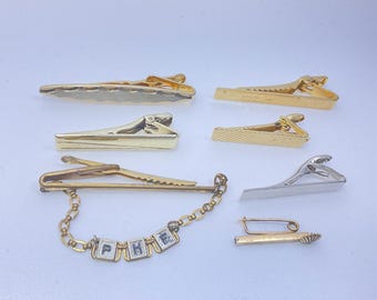 Vintage Lot 7 Gold Silver Toned Tie Clips Used