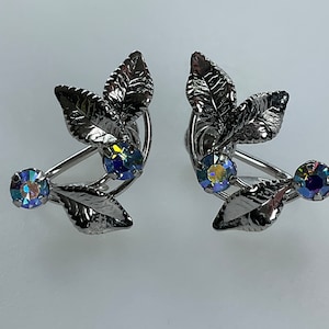 Vintage Screw Back Earrings Sterling Silver 925 Leaves Design With AB Blue Rhinestones Used