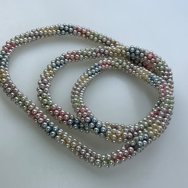 Vintage 28” Necklace Pink Blue Yellow Green Purple Threads With White Pearly Beads Used