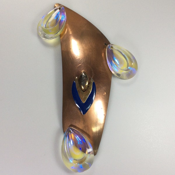 Vintage Pin Brooch Copper Abstract  With AB Teardrops And Blue Enamel Drops Used