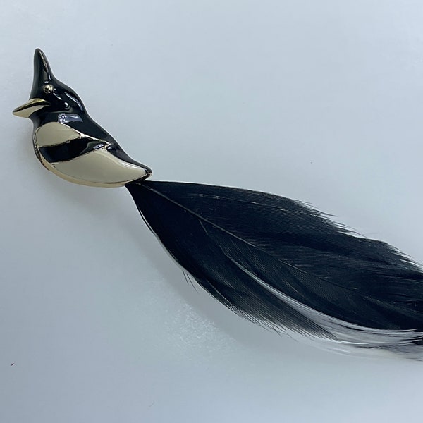 Vintage Pin Brooch Gold Toned Bird With Feather Black White Used