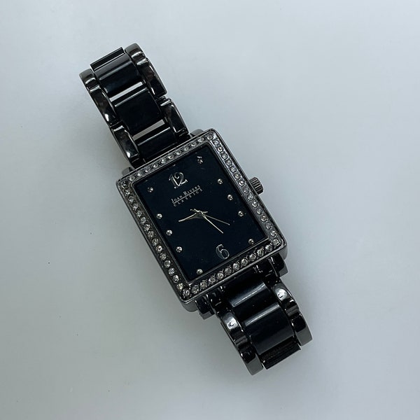 Vintage Joan Rivers Watch Rectangle Black With Clear Rhinestones Working Condition Used