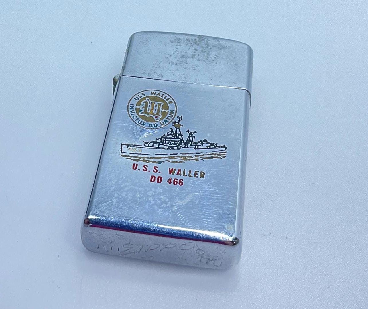 Vintage 1966 Zippo Lighter USS WALLER DD 466 Case and Guts Dented 
