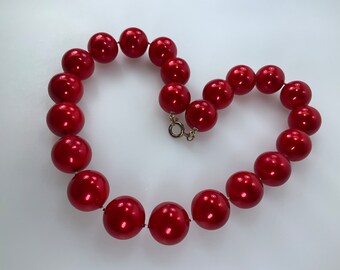 Vintage 18” Necklace With Metallic Red Plastic Beads Used