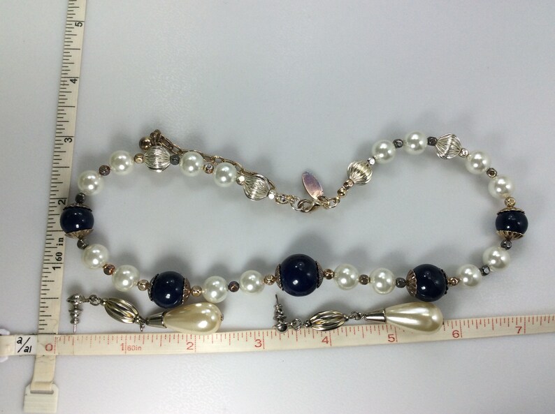 10off3daySALE Vintage George 15-18 Necklace Post Earrings Set Silver Toned With Blue And Faux Pearl Beads Used