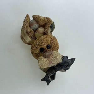 Vintage Pin Brooch Country Easter Bunny With Eggs And Bow Brown Black Pink Used