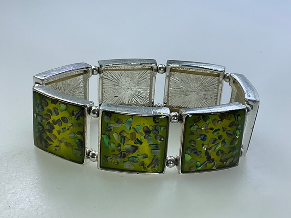 Vintage 8” Bracelet Stretchy Square Silver Toned … - image 1