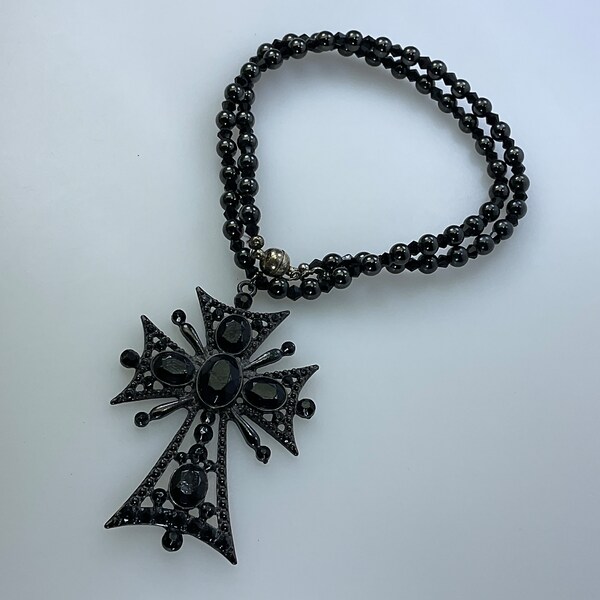 Vintage 20” Necklace Oxidized Cross With Black Rhinestones And Magnetic Hematite Beads Used