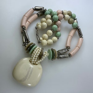 Vintage 18” Necklace With Silver Toned Cream Green And Pink Plastic Beads Used