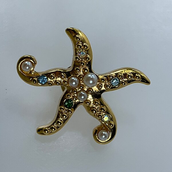 Vintage Avon Pin Brooch Gold Toned Starfish With AB Green Blue Rhinestones And Faux Pearls Used