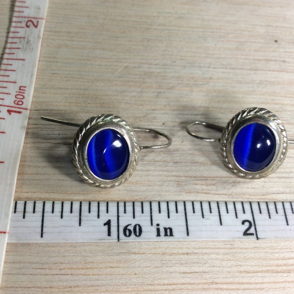 Vintage 925 Sterling Silver Earrings Cobalt Blue Cats Eye Glass Used