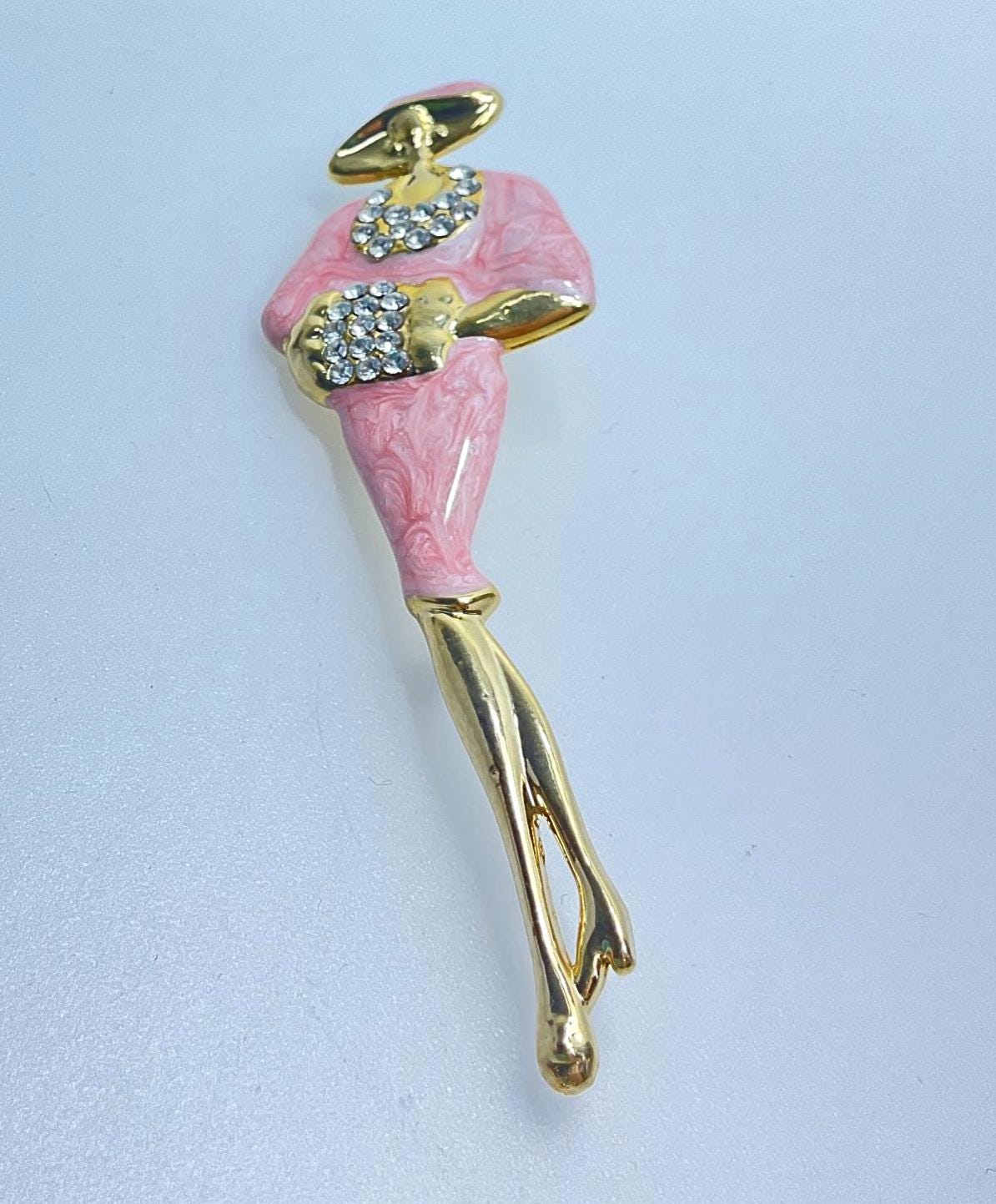 Vintage Pin Brooch Gold Toned Woman With Pink Marbled Enamel  display picture 1