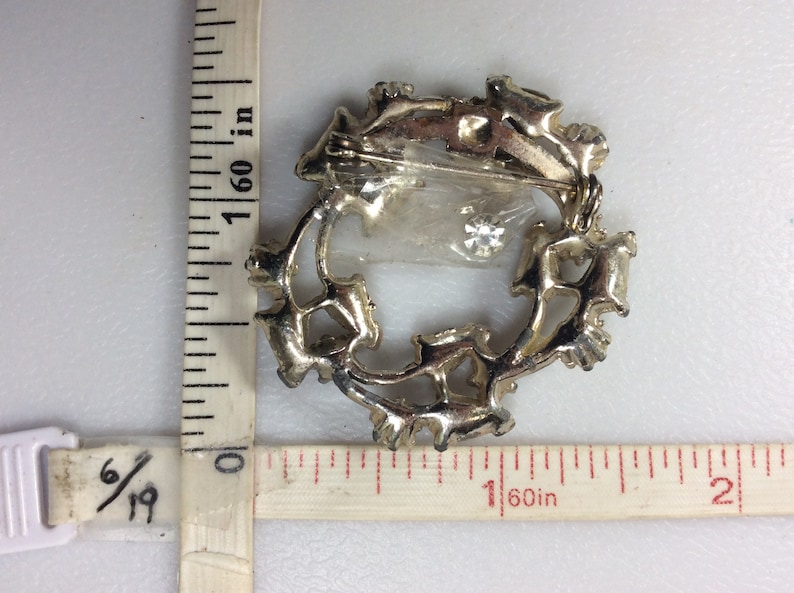 Vintage Silver Toned Pin Brooch Circular Wreath Design AB Rhinestones Missing Stone Used