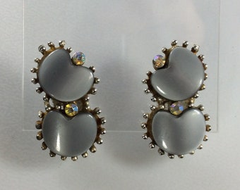 Vintage Clip On Earrings Silver Toned Double Silver Gray And AB Rhinestones Need Cleaned Used